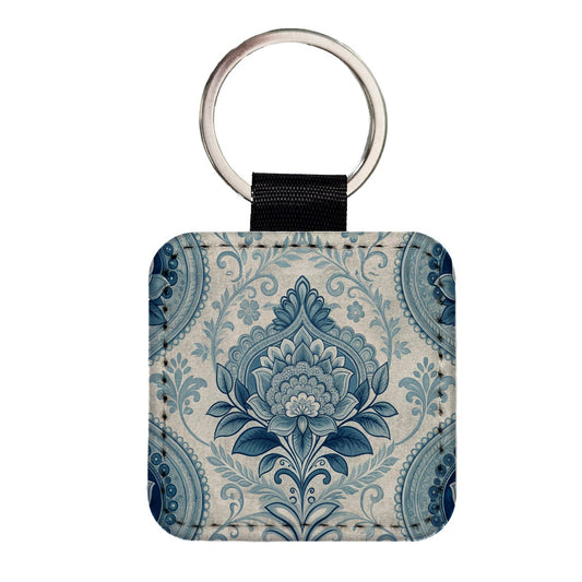 Blue Victorian Decorative Floral Pattern Square Faux Leather Keychain