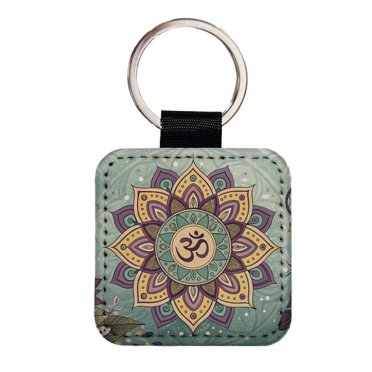 Bohemian Hippie Yoga Mandala Aum Om Square Faux Leather Keychain