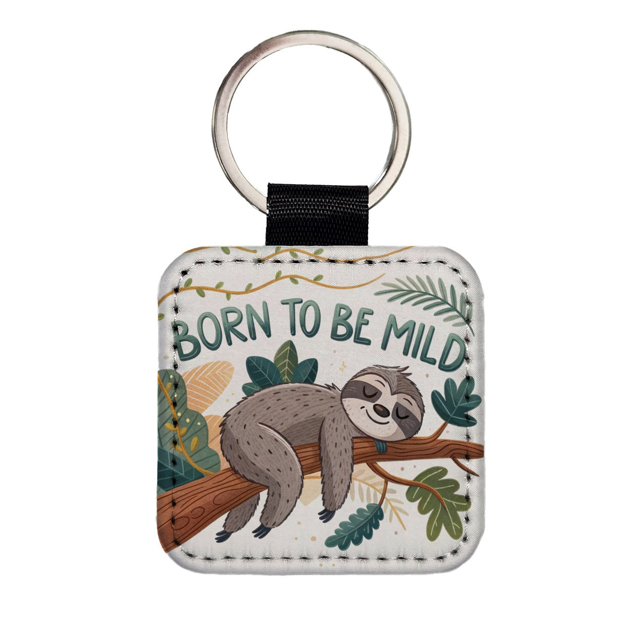 Born To Be Mild Sleeping Sloth Square Faux Leather Keychain