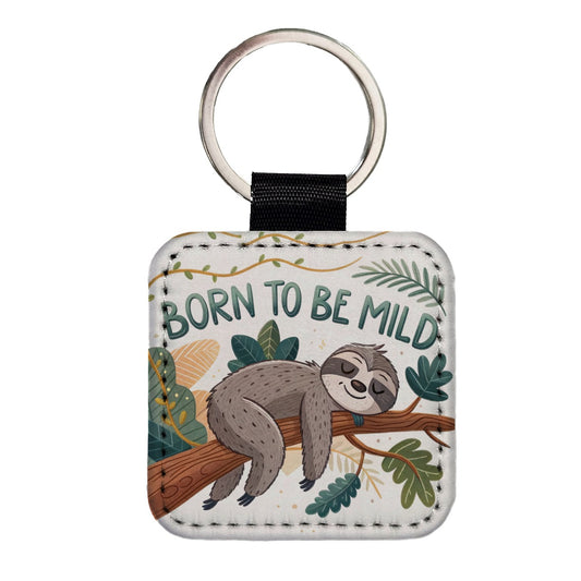 Born To Be Mild Sleeping Sloth Square Faux Leather Keychain