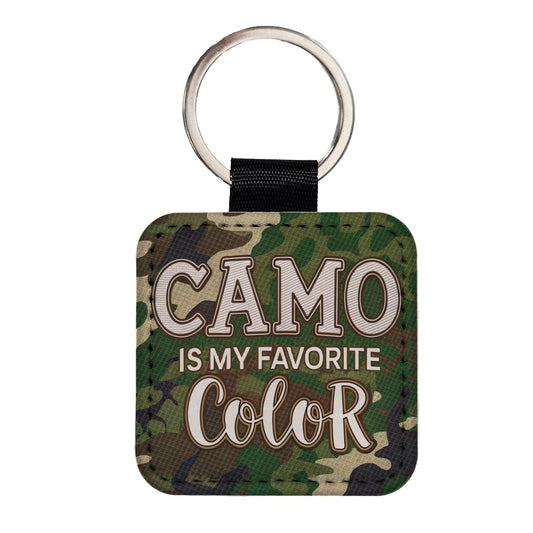 Camo Camouflage is My Favorite Color Green Brown Square Faux Leather Keychain