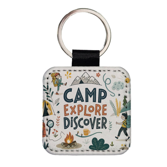 Camp Explore Discover Camping Hiking Square Faux Leather Keychain