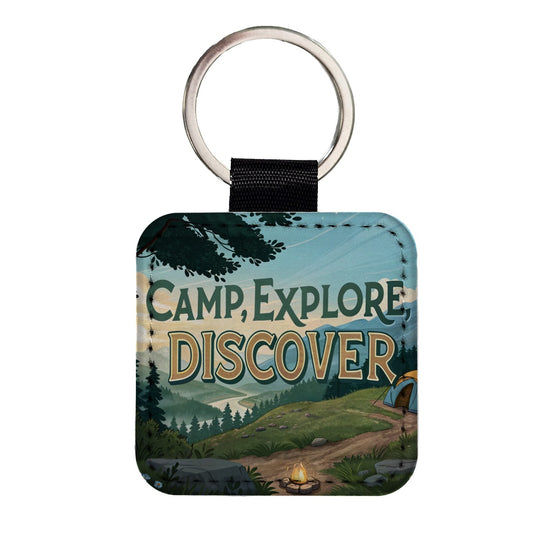Camp Explore Discover Hiking Camping Square Faux Leather Keychain