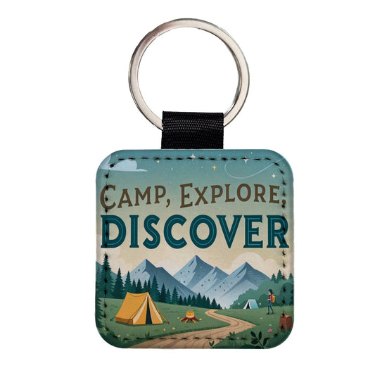 Camp Explore Discover Text Camping And Hiking Square Faux Leather Keychain