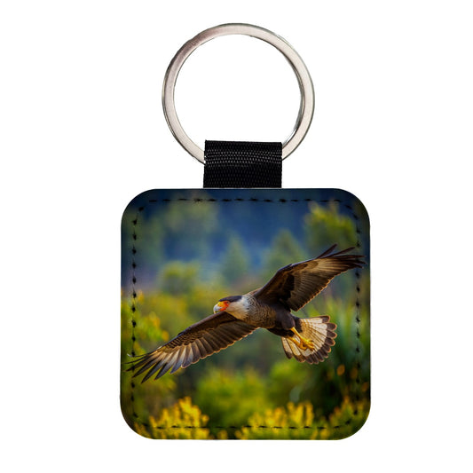 Caracara Raptor in Flight Square Faux Leather Keychain