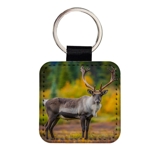 Caribou Deer Reindeer Photo Square Faux Leather Keychain