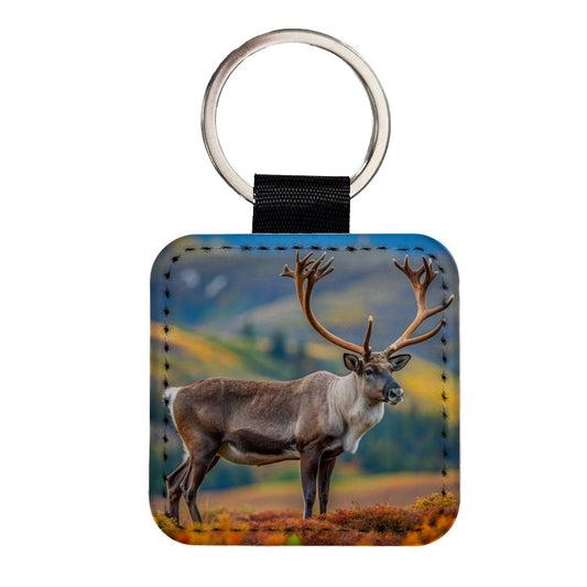Caribou Reindeer Photo Square Faux Leather Keychain