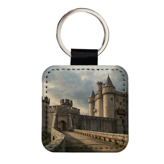 Castle Medieval Fantasy Square Faux Leather Keychain