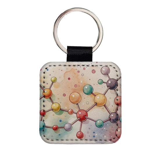 Chemistry Molecules Watercolor Square Faux Leather Keychain