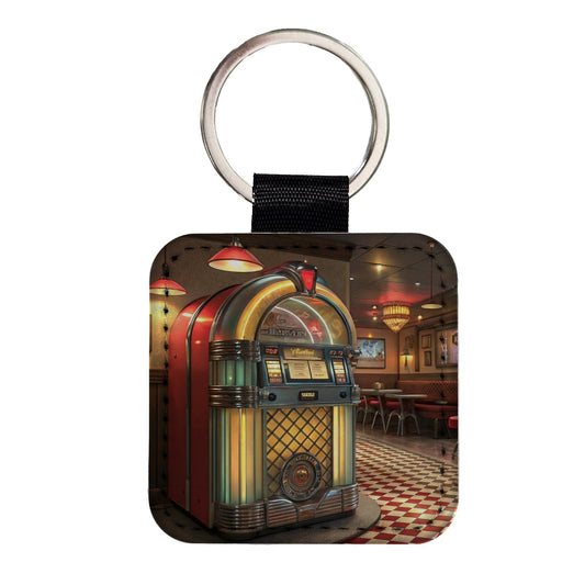 Classic Diner Jukebox Square Faux Leather Keychain