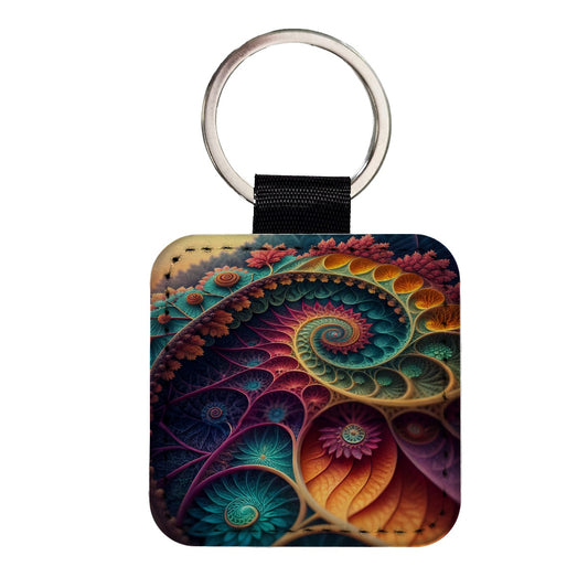Colorful Fractal Art Swirl Pattern Square Faux Leather Keychain