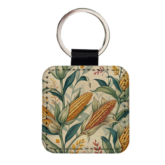 Corn on the Cob Pattern Square Faux Leather Keychain