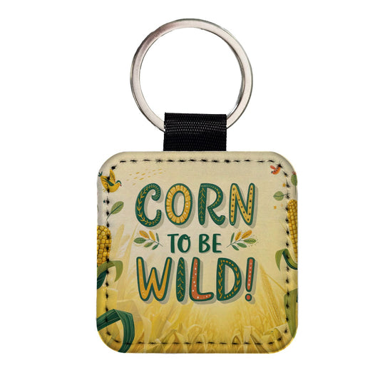 Corn To Be Wild Funny Square Faux Leather Keychain
