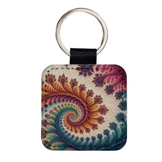 Crazy Swirl Fractal Art Pattern Square Faux Leather Keychain