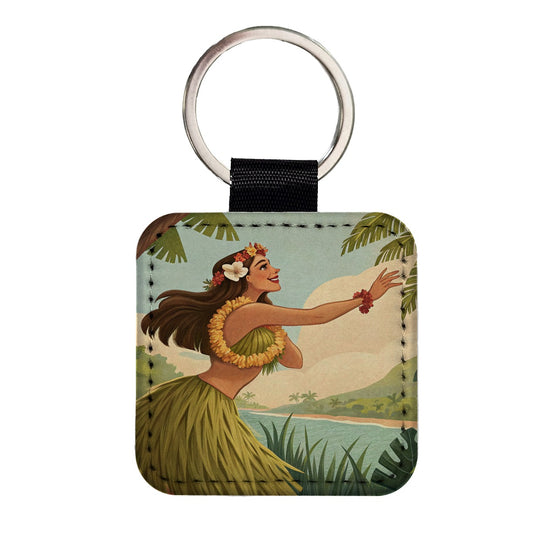 Dancing Hawaiian Hula Girl in Grass Skirt Square Faux Leather Keychain