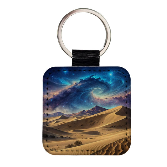 Desert Sand Dunes Under Blue Nebula Sci-Fi Square Faux Leather Keychain