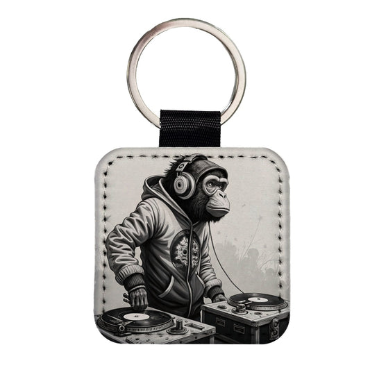 DJ Monkey with Headphones B&W Square Faux Leather Keychain