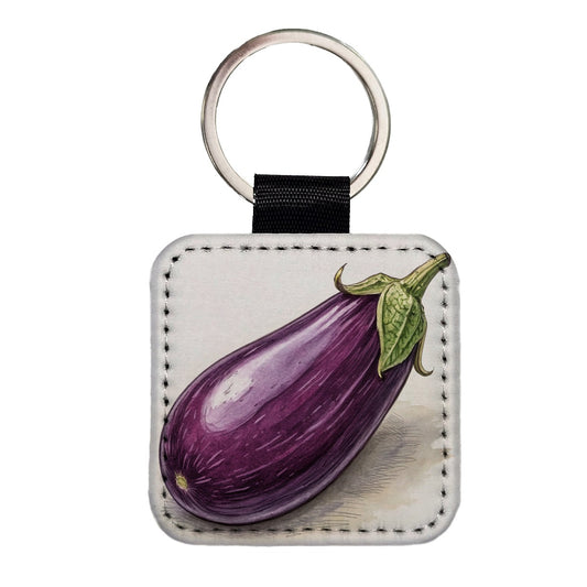 Eggplant Illustration Square Faux Leather Keychain