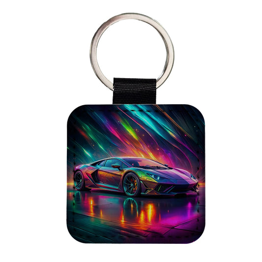 Exotic Super Car Graffiti Style Square Faux Leather Keychain