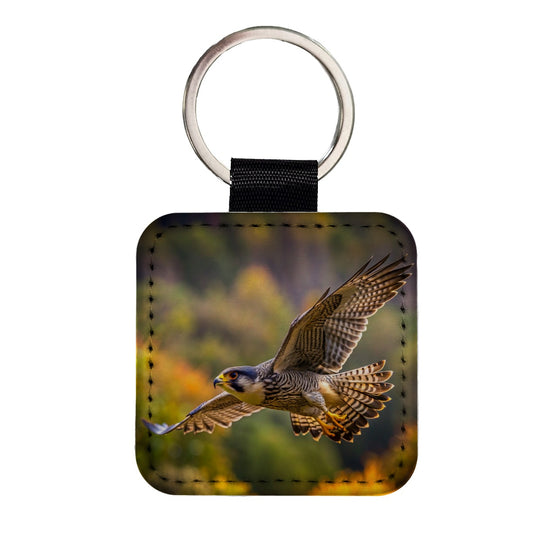 Falcon Raptor in Flight Square Faux Leather Keychain