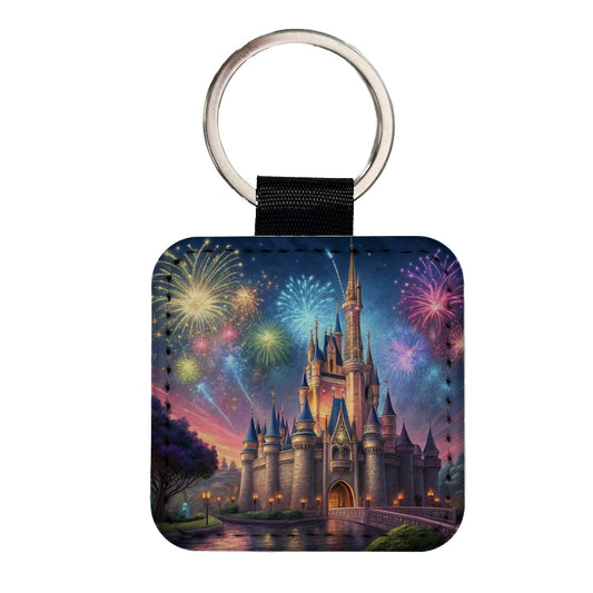 Fantasy Kingdom Castle Fireworks at Night Square Faux Leather Keychain