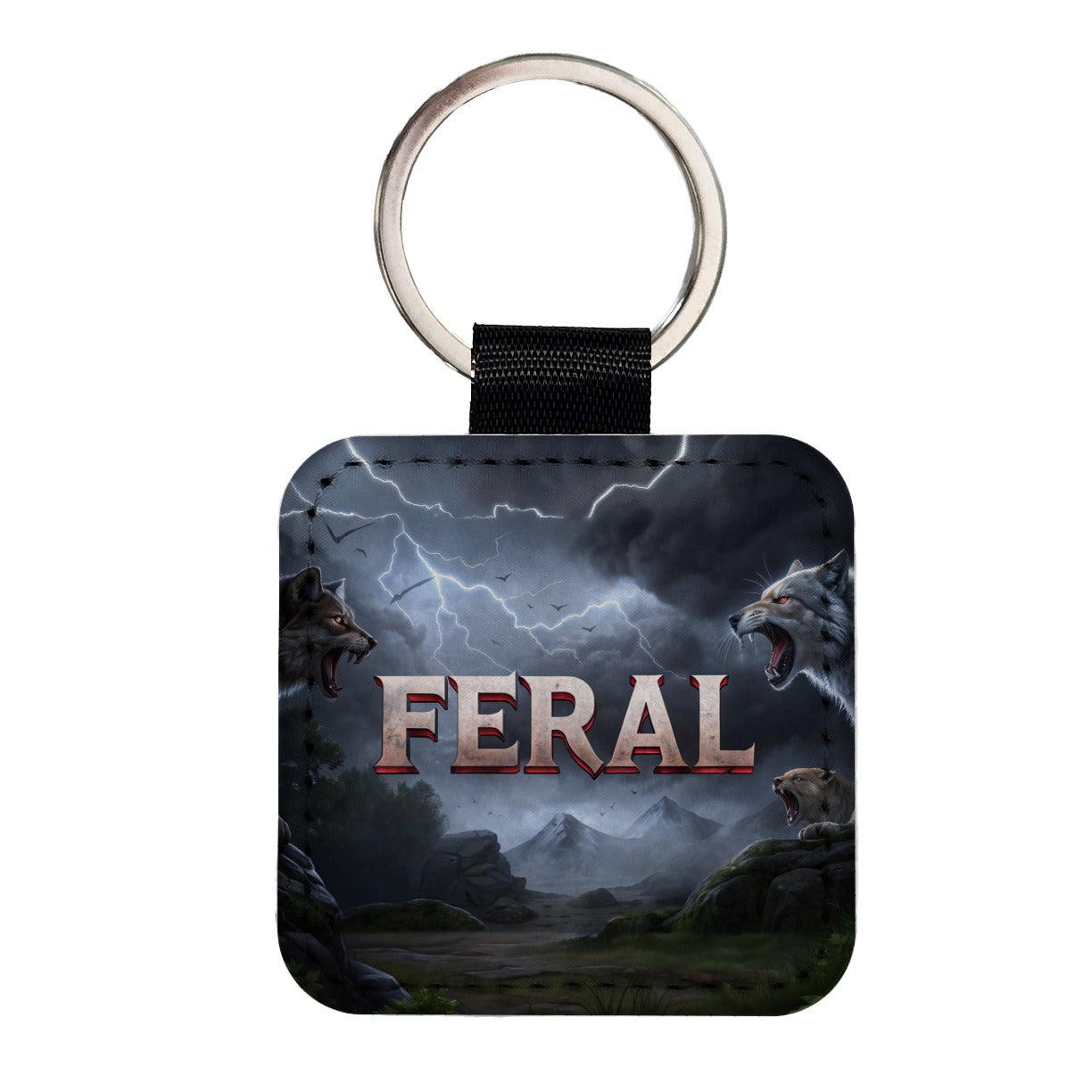 Feral Vicious Wolves Funny Square Faux Leather Keychain