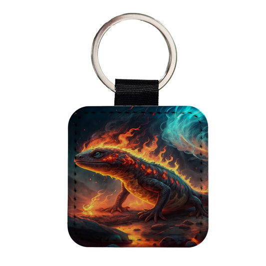 Flaming Fantasy Salamander at Night Square Faux Leather Keychain