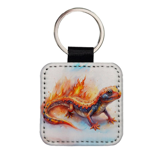 Flaming Fantasy Salamander Watercolor Square Faux Leather Keychain