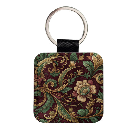 Floral Victorian Decorative Pattern Square Faux Leather Keychain