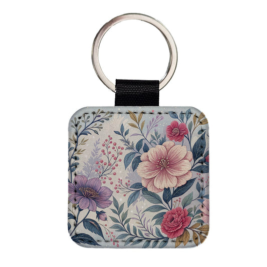 Flower Floral Pink Purple Pattern Square Faux Leather Keychain