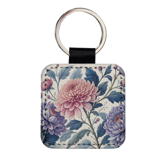 Flowers Pink Blue Purple Pattern Square Faux Leather Keychain