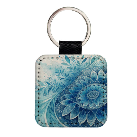 Fractal Art Blue Flower Pattern Watercolor Style Square Faux Leather Keychain