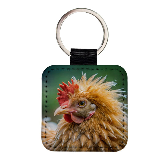 Frizzle Chicken Photo Square Faux Leather Keychain