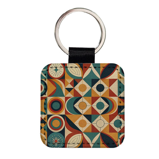 Geometric Retro Design Pattern Square Faux Leather Keychain