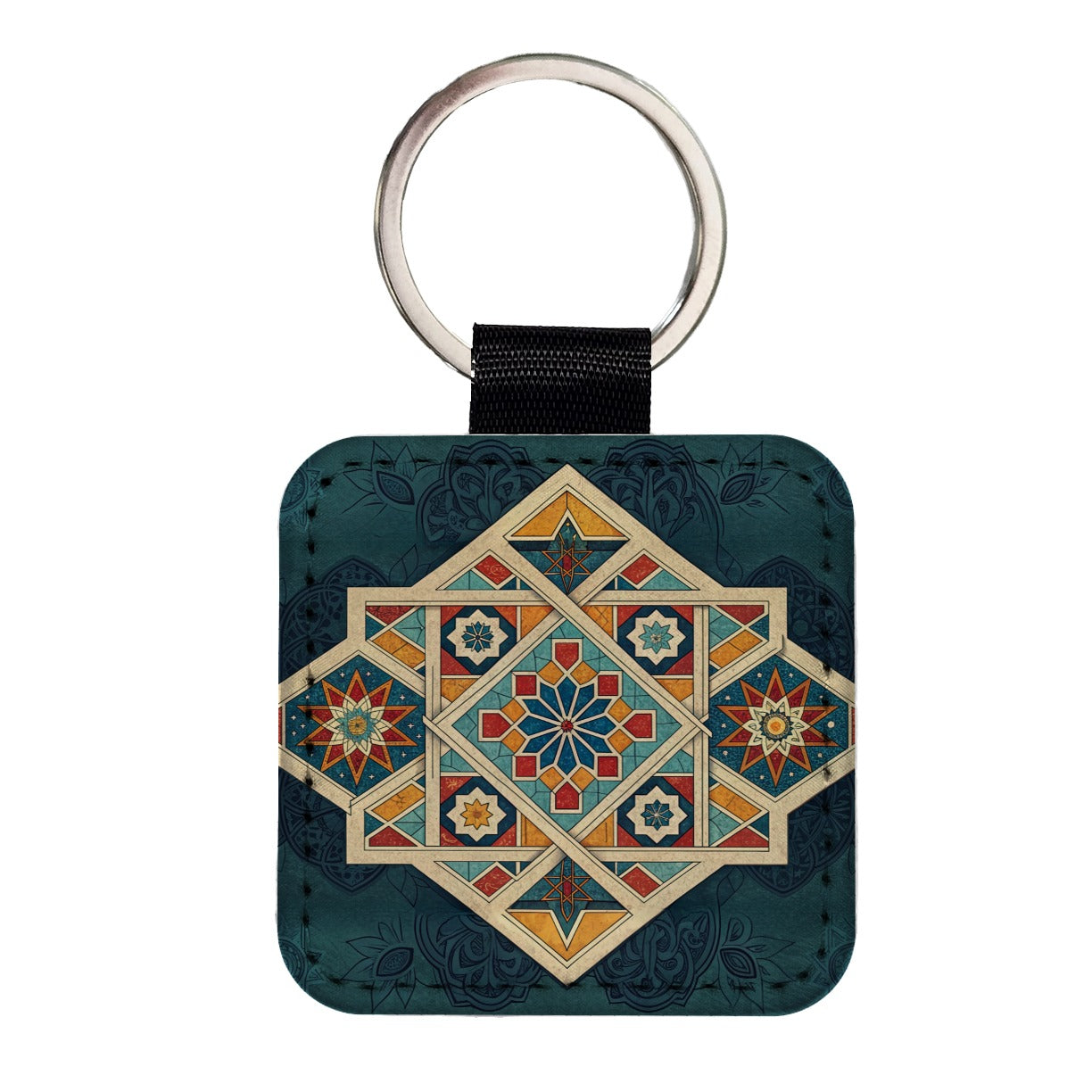 Geometric Retro Vintage Pattern Square Faux Leather Keychain
