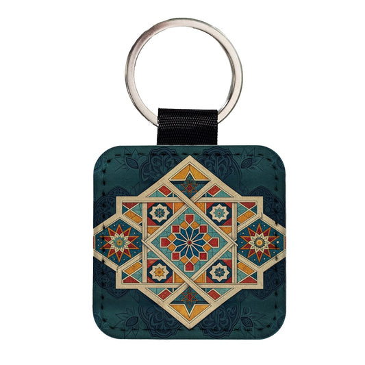 Geometric Retro Vintage Pattern Square Faux Leather Keychain