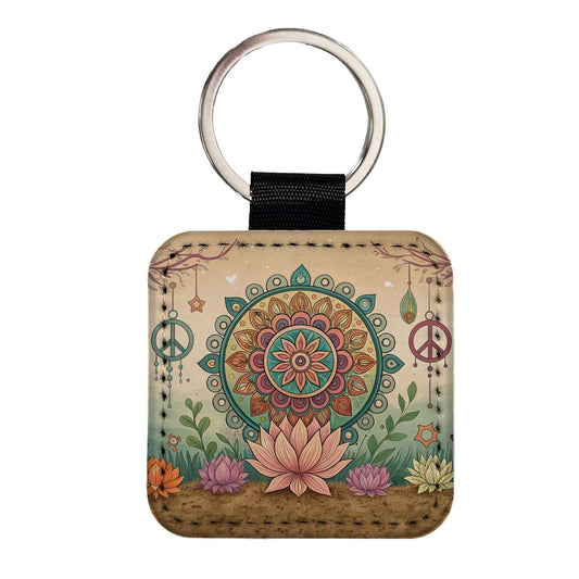 Hippie Yoga Peace Mandala Flower Square Faux Leather Keychain