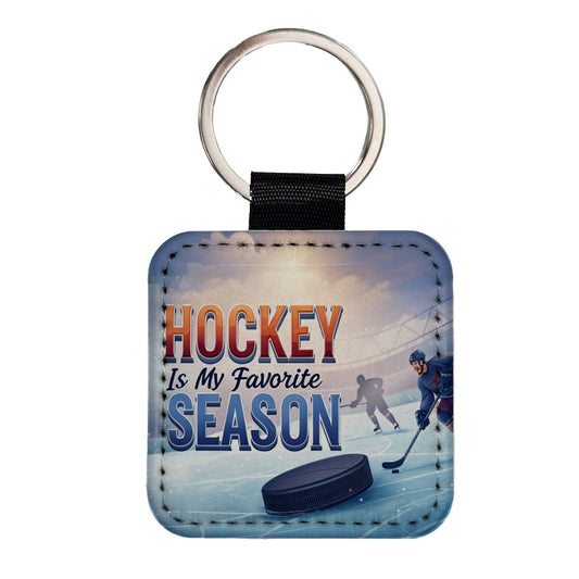 Hockey is My Favorite Season Ice Skate Square Faux Leather Keychain