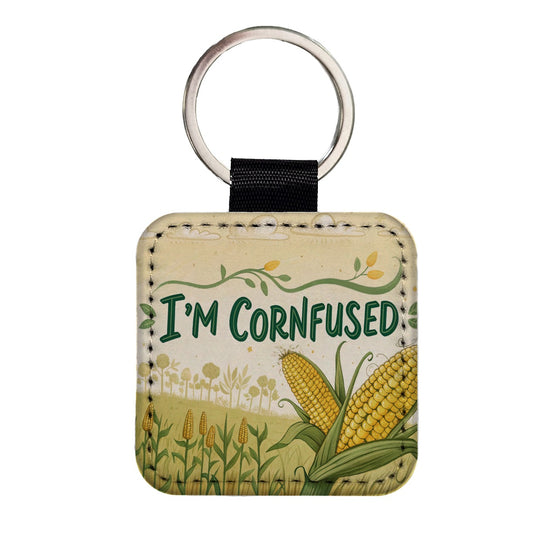 I'm Cornfused Funny Confused Square Faux Leather Keychain