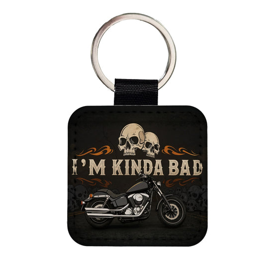 I'm Kinda Bad Motorcycle Skulls Square Faux Leather Keychain