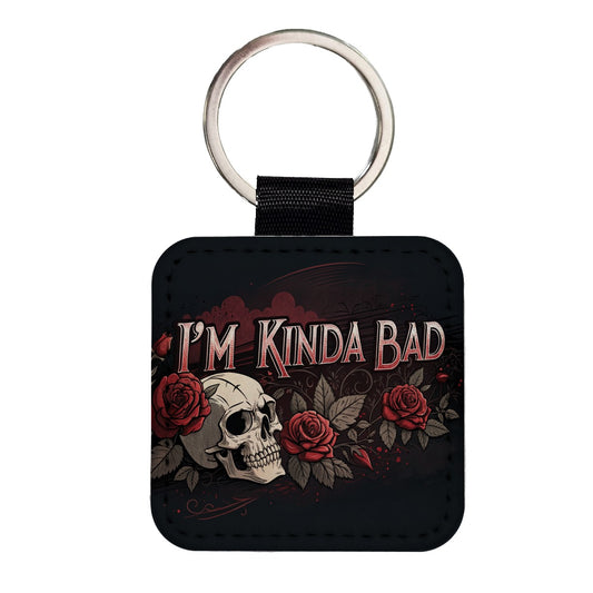 I'm Kinda Bad Skull Red Roses Square Faux Leather Keychain