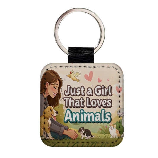 Just A Girl That Loves Animals Square Faux Leather Keychain