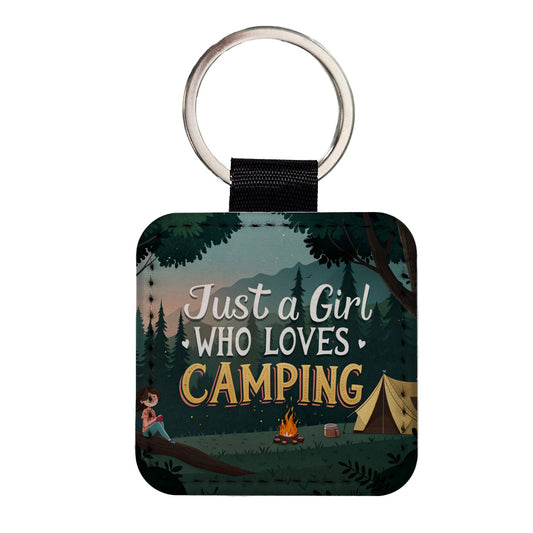 Just A Girl Who Loves Camping Cute Square Faux Leather Keychain