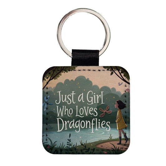 Just A Girl Who Loves Dragonflies Square Faux Leather Keychain