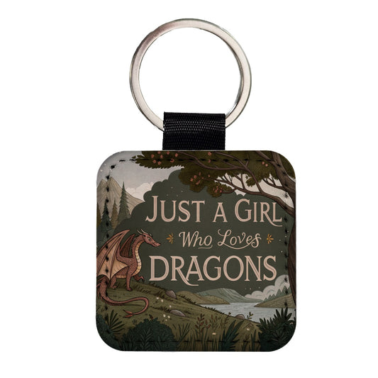 Just A Girl Who Loves Dragons Retro Fantasy Square Faux Leather Keychain