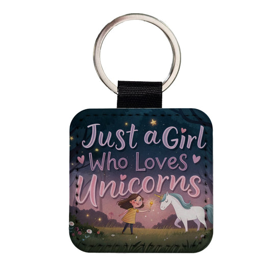 Just A Girl Who Loves Unicorns Cute Fantasy Square Faux Leather Keychain