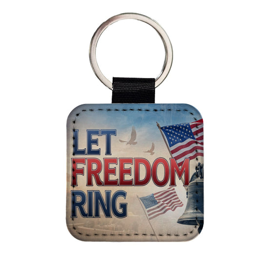Let Freedom Ring Liberty Bell Patriotic Square Faux Leather Keychain