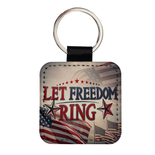 Let Freedom Ring Patriotic American Flag Square Faux Leather Keychain
