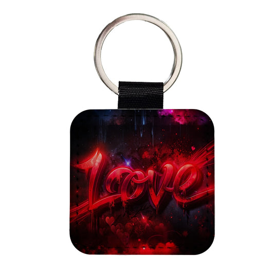 Love Red Graffiti Style Square Faux Leather Keychain