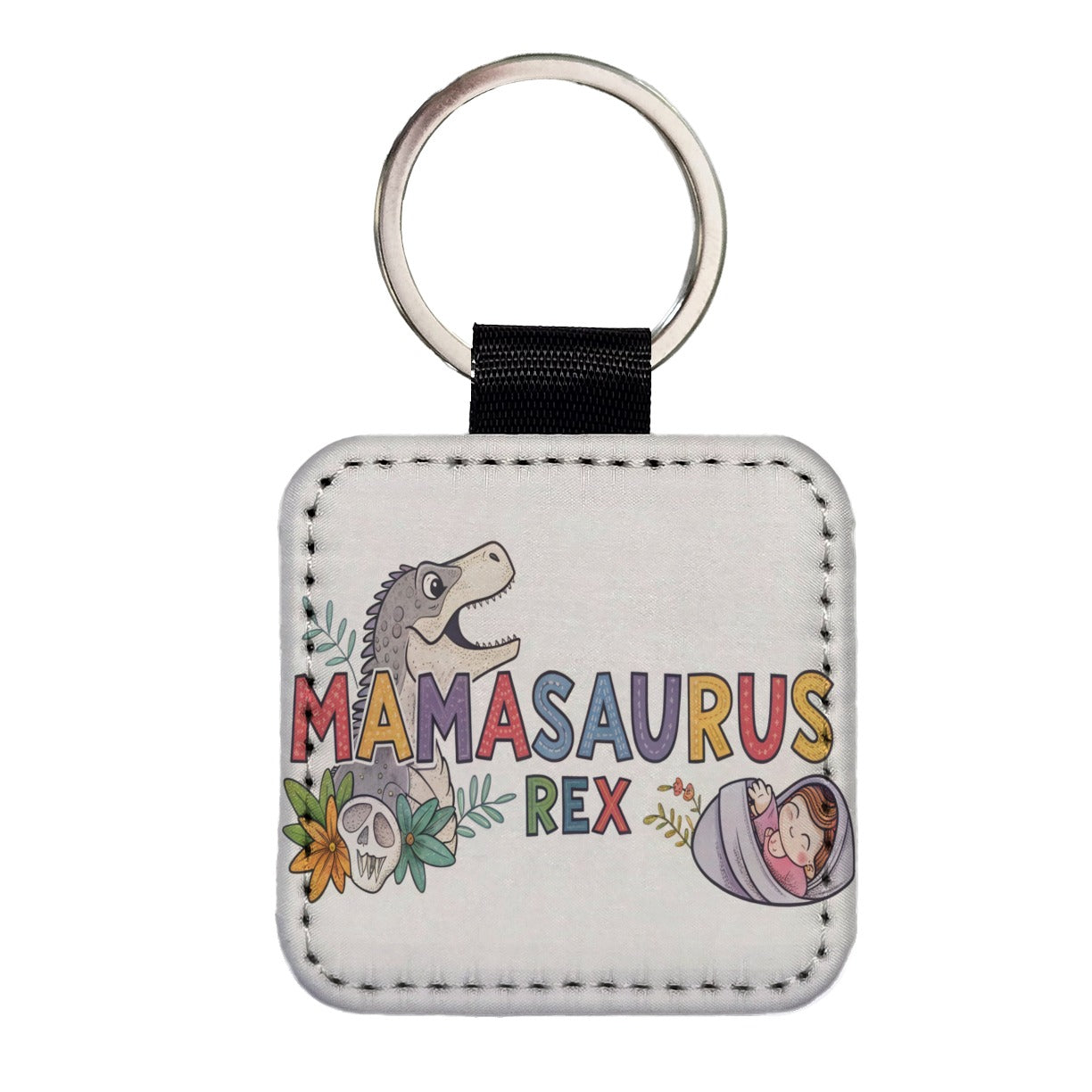Mamasaurus Rex Mama Dinosaur Square Faux Leather Keychain